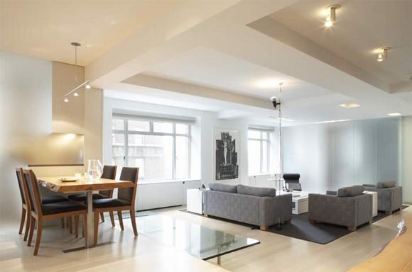 panoramic view of kitchen and living rooms White Space-Ash 4 Ways Apartment in New York by HMA